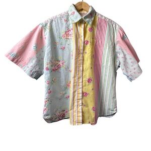 Patchwork Floral Stripe Short Sleeve Button Down Shirt XL Cottagecore Unique 80s